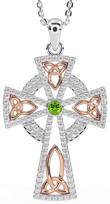 Diamond Peridot Rose Gold Silver Celtic Cross Trinity Knot Necklace