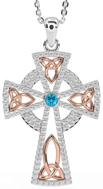 Diamond Topaz Rose Gold Silver Celtic Cross Trinity Knot Necklace