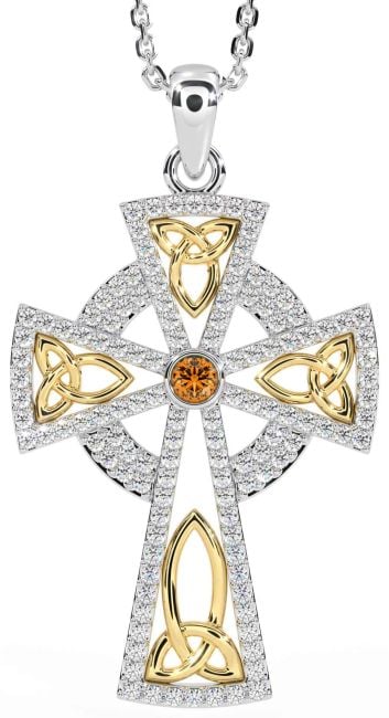 Diamond Citrine Gold Silver Celtic Cross Trinity Knot Necklace