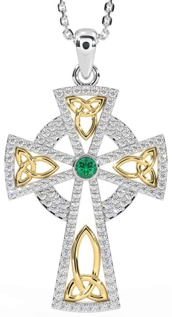 Diamond Emerald Gold Silver Celtic Cross Trinity Knot Necklace