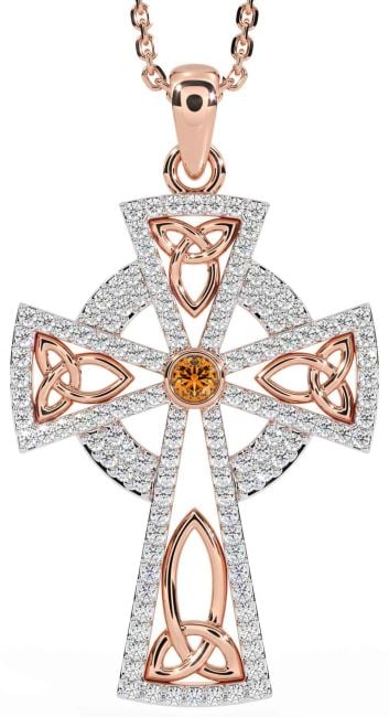 Diamond Citrine Rose Gold Silver Celtic Cross Trinity Knot Necklace