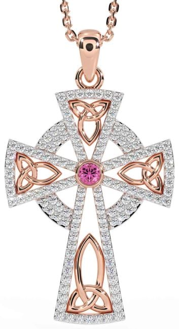 Diamond Pink Tourmaline Rose Gold Silver Celtic Cross Trinity Knot Necklace