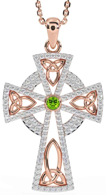 Diamond Peridot Rose Gold Silver Celtic Cross Trinity Knot Necklace