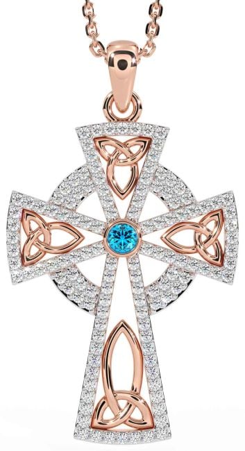 Diamond Topaz Rose Gold Silver Celtic Cross Trinity Knot Necklace