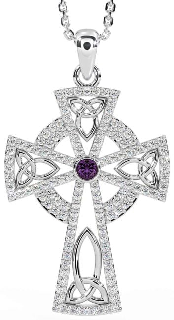 Diamond Alexandrite Silver Celtic Cross Trinity Knot Necklace