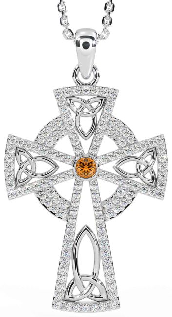 Diamond Citrine Silver Celtic Cross Trinity Knot Necklace