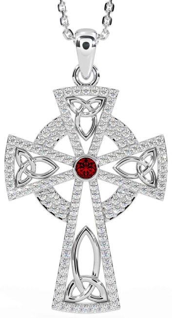 Diamond Garnet Silver Celtic Cross Trinity Knot Necklace