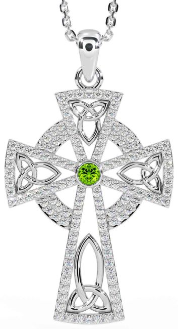 Diamond Peridot Silver Celtic Cross Trinity Knot Necklace