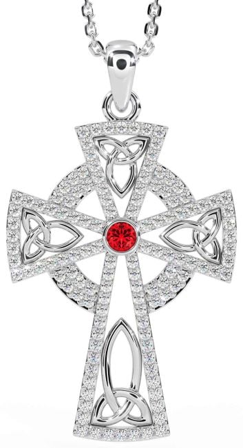 Diamond Ruby Silver Celtic Cross Trinity Knot Necklace