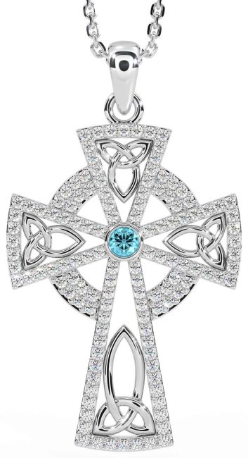 Diamond Aquamarine White Gold Celtic Cross Trinity Knot Necklace