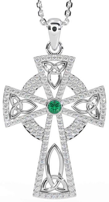 Diamond Emerald White Gold Celtic Cross Trinity Knot Necklace