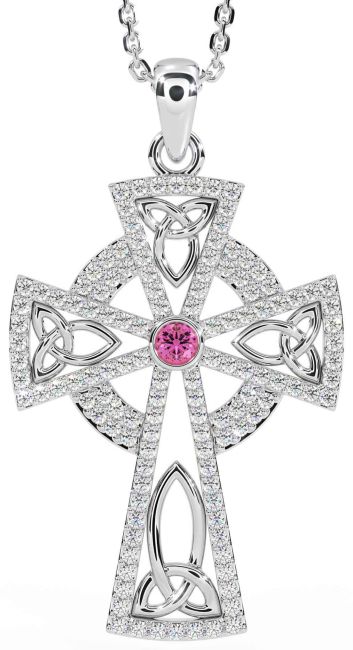 Diamond Pink Tourmaline White Gold Celtic Cross Trinity Knot Necklace