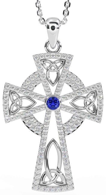 Diamond Sapphire White Gold Celtic Cross Trinity Knot Necklace