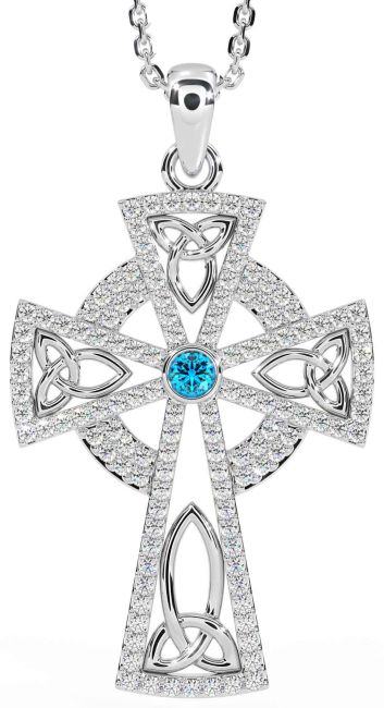 Diamond Topaz White Gold Celtic Cross Trinity Knot Necklace