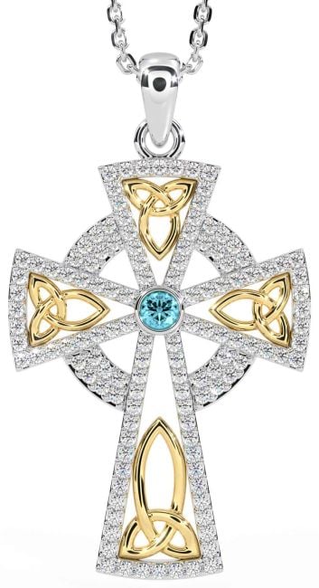 Diamond Aquamarine White Yellow Gold Celtic Cross Trinity Knot Necklace