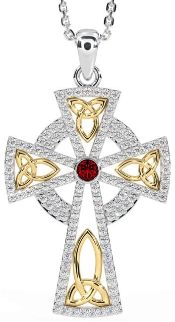 Diamond Garnet White Yellow Gold Celtic Cross Trinity Knot Necklace