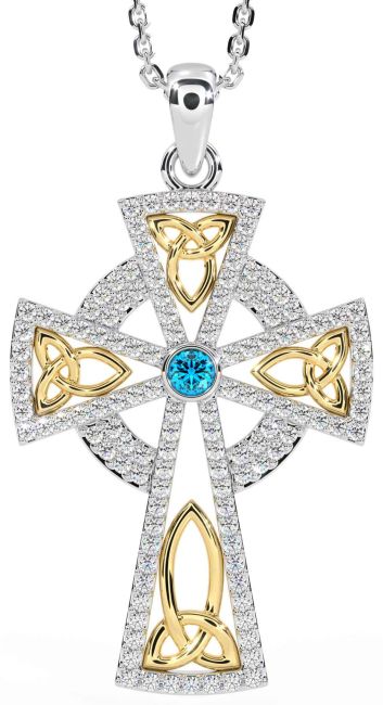 Diamond Topaz White Yellow Gold Celtic Cross Trinity Knot Necklace