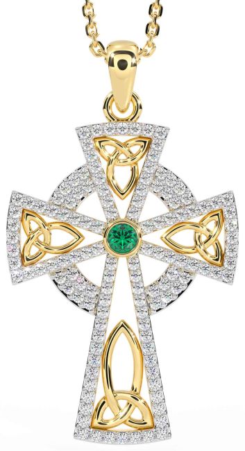 Diamond Emerald Gold Celtic Cross Trinity Knot Necklace