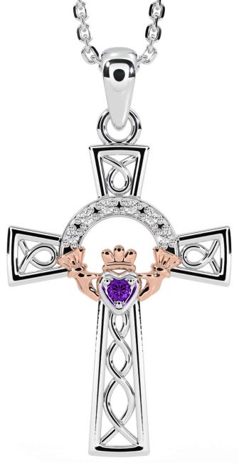Diamond Amethyst Rose Gold Silver Claddagh Celtic Cross Necklace