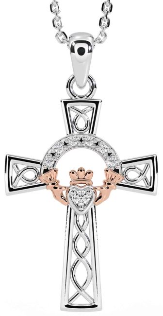 Diamond Rose Gold Silver Claddagh Celtic Cross Necklace