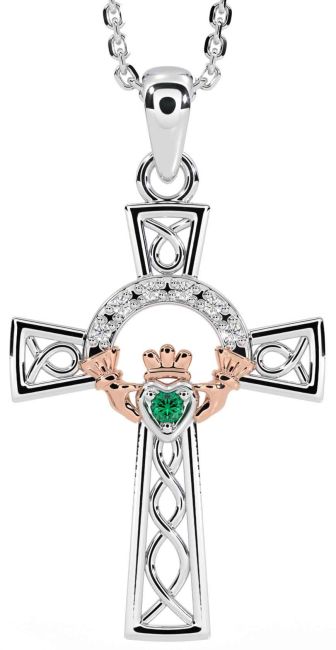 Diamond Emerald Rose Gold Silver Claddagh Celtic Cross Necklace