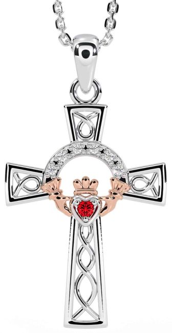 Diamond Ruby Rose Gold Silver Claddagh Celtic Cross Necklace