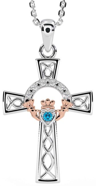 Diamond Topaz Rose Gold Silver Claddagh Celtic Cross Necklace