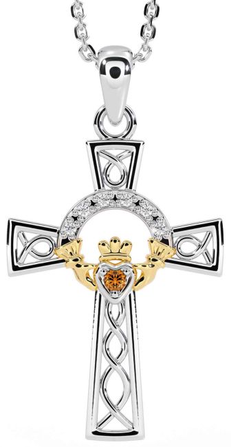 Diamond Citrine Gold Silver Claddagh Celtic Cross Necklace