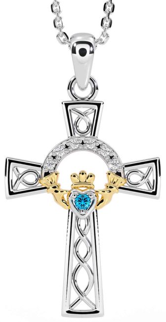 Diamond Topaz Gold Silver Claddagh Celtic Cross Necklace