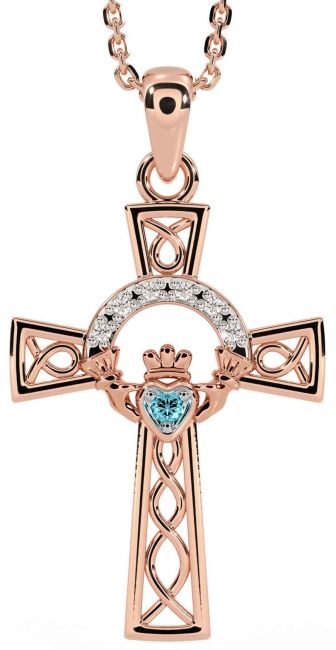 Diamond Aquamarine Rose Gold Silver Claddagh Celtic Cross Necklace