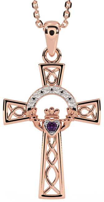 Diamond Alexandrite Rose Gold Silver Claddagh Celtic Cross Necklace