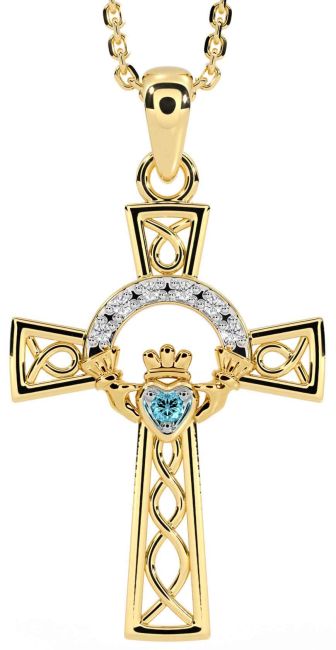 Diamond Aquamarine Gold Silver Claddagh Celtic Cross Necklace