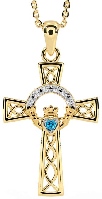 Diamond Topaz Gold Silver Claddagh Celtic Cross Necklace
