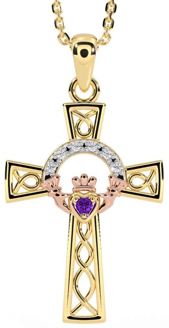 Diamond Amethyst Rose Yellow Gold & Silver Claddagh Celtic Cross Necklace