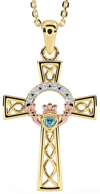 Diamond Aquamarine Rose Yellow Gold & Silver Claddagh Celtic Cross Necklace