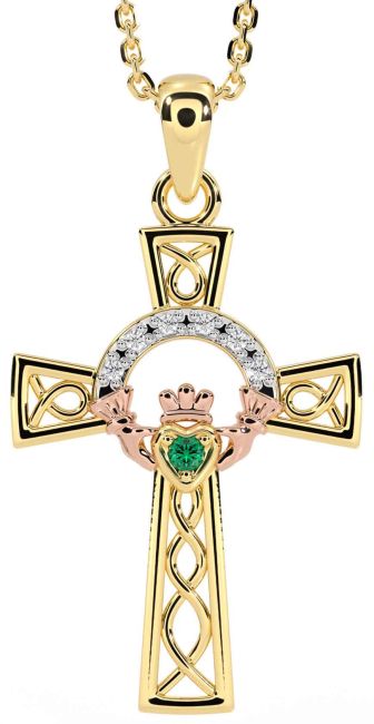 Diamond Emerald Rose Yellow Gold & Silver Claddagh Celtic Cross Necklace