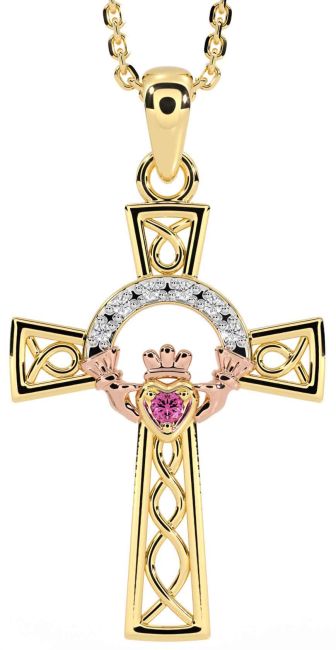 Diamond Pink Tourmaline Rose Yellow Gold & Silver Claddagh Celtic Cross Necklace