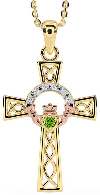 Diamond Peridot Rose Yellow Gold & Silver Claddagh Celtic Cross Necklace