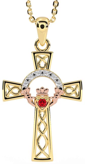 Diamond Ruby Rose Yellow Gold & Silver Claddagh Celtic Cross Necklace