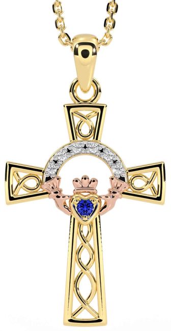 Diamond Sapphire Rose Yellow Gold & Silver Claddagh Celtic Cross Necklace