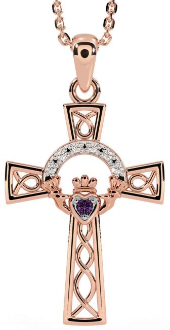 Diamond Alexandrite Rose Gold Claddagh Celtic Cross Necklace