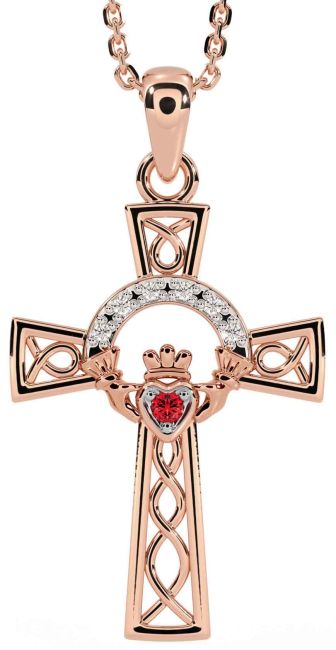 Diamond Ruby Rose Gold Claddagh Celtic Cross Necklace