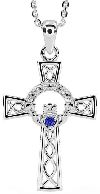 Diamond Sapphire Silver Claddagh Celtic Cross Necklace