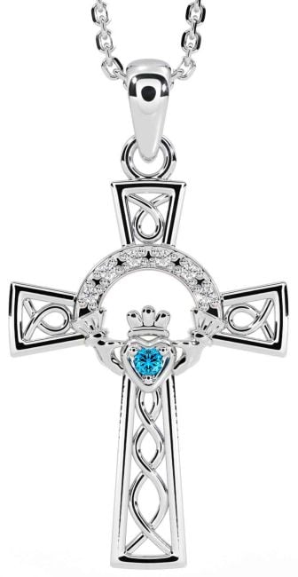 Diamond Topaz Silver Claddagh Celtic Cross Necklace