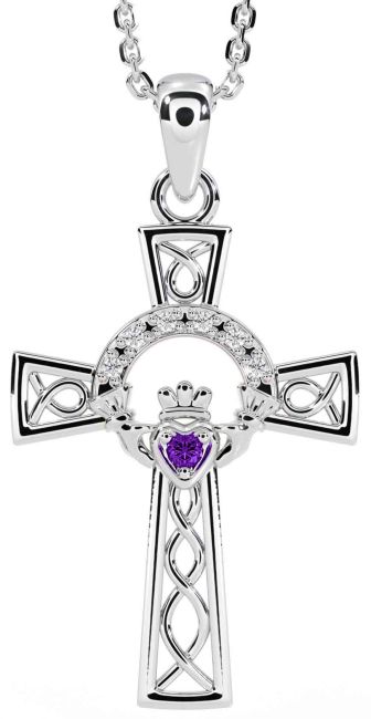 Diamond Amethyst White Gold Claddagh Celtic Cross Necklace