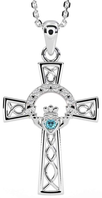 Diamond Aquamarine White Gold Claddagh Celtic Cross Necklace