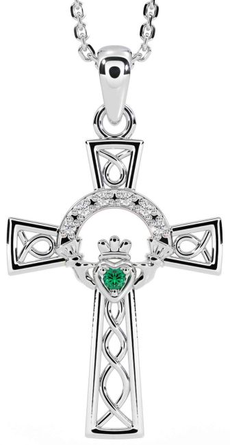 Diamond Emerald White Gold Claddagh Celtic Cross Necklace