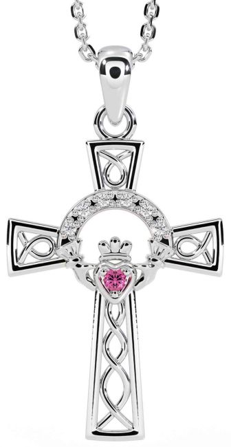 Diamond Pink Tourmaline White Gold Claddagh Celtic Cross Necklace