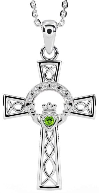 Diamond Peridot White Gold Claddagh Celtic Cross Necklace