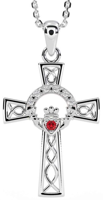 Diamond Ruby White Gold Claddagh Celtic Cross Necklace